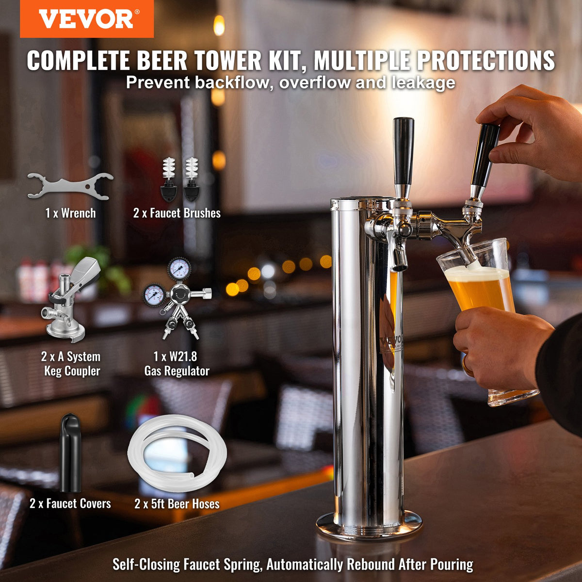 Kegerator Tower Kit, Dual Taps Beer Conversion Kit, Stainless Steel Keg Beer Tower Dispenser with Dual Gauge V952-LTJZSBDYQOHQSL9KEV0
