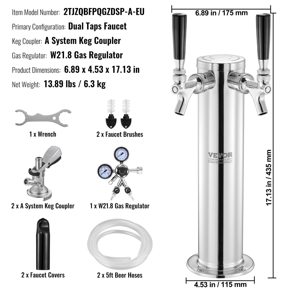 Kegerator Tower Kit, Dual Taps Beer Conversion Kit, Stainless Steel Keg Beer Tower Dispenser with Dual Gauge V952-LTJZSBDYQOHQSL9KEV0