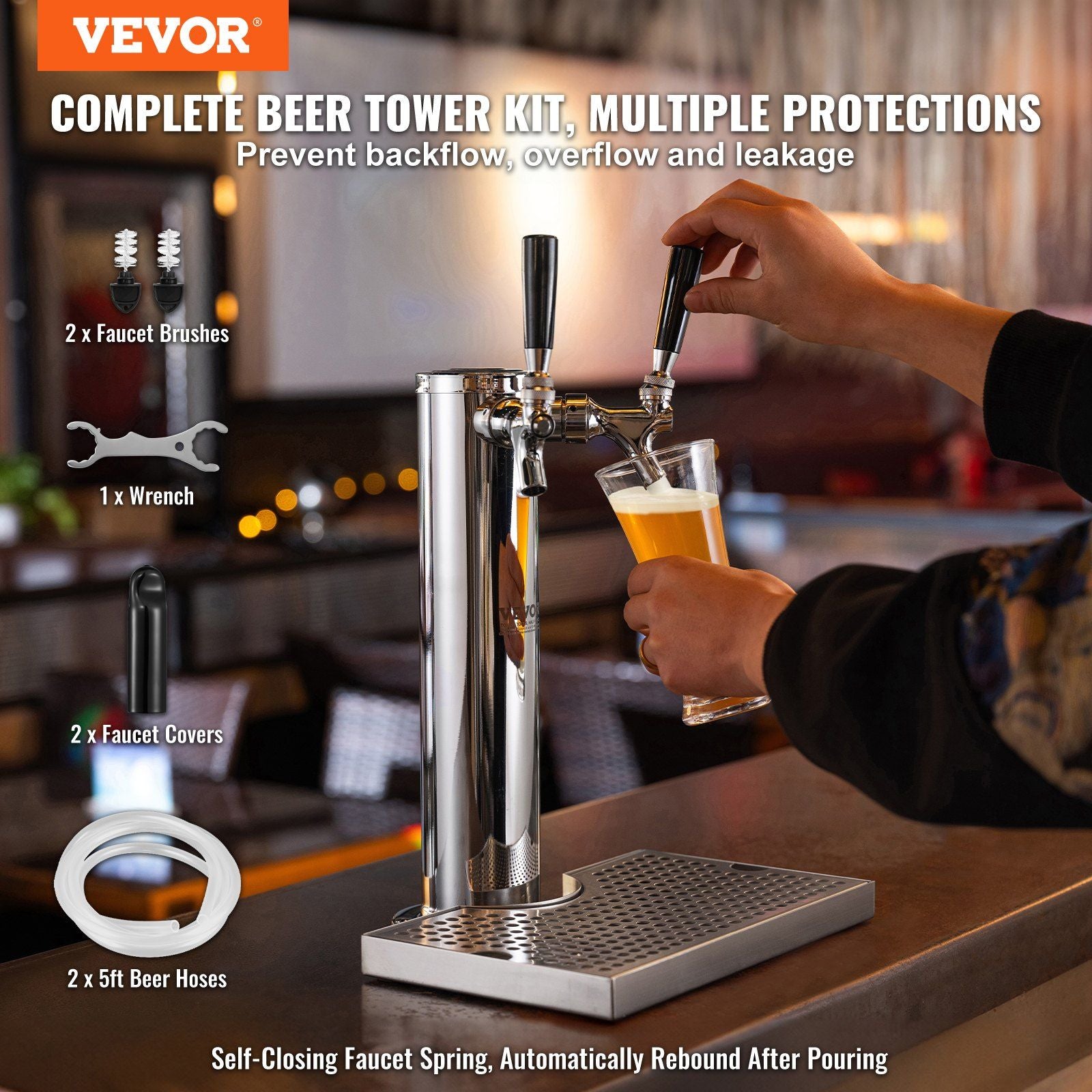 Dual Taps Draft Beer Tower Dispenser, Stainless Steel Keg Beer Tower, Kegerator Tower Kit with Pre-Assembled V952-LTJZSLTW0000I1H18V0