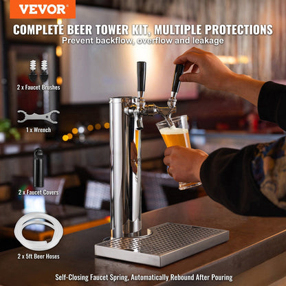 Dual Taps Draft Beer Tower Dispenser, Stainless Steel Keg Beer Tower, Kegerator Tower Kit with Pre-Assembled V952-LTJZSLTW0000I1H18V0