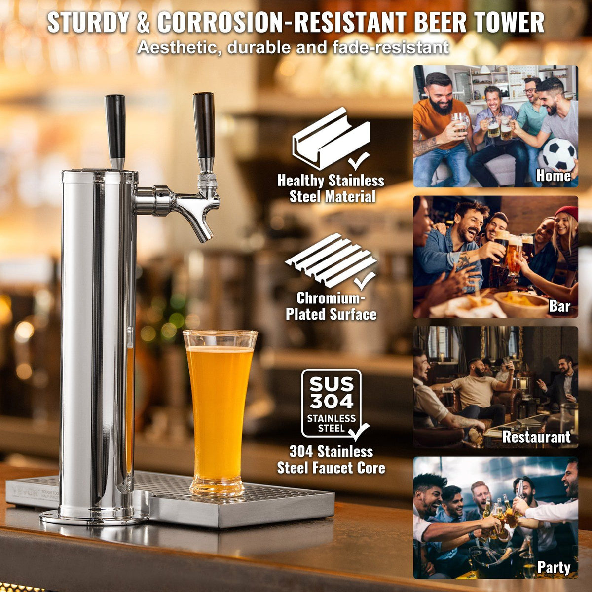Dual Taps Draft Beer Tower Dispenser, Stainless Steel Keg Beer Tower, Kegerator Tower Kit with Pre-Assembled V952-LTJZSLTW0000I1H18V0