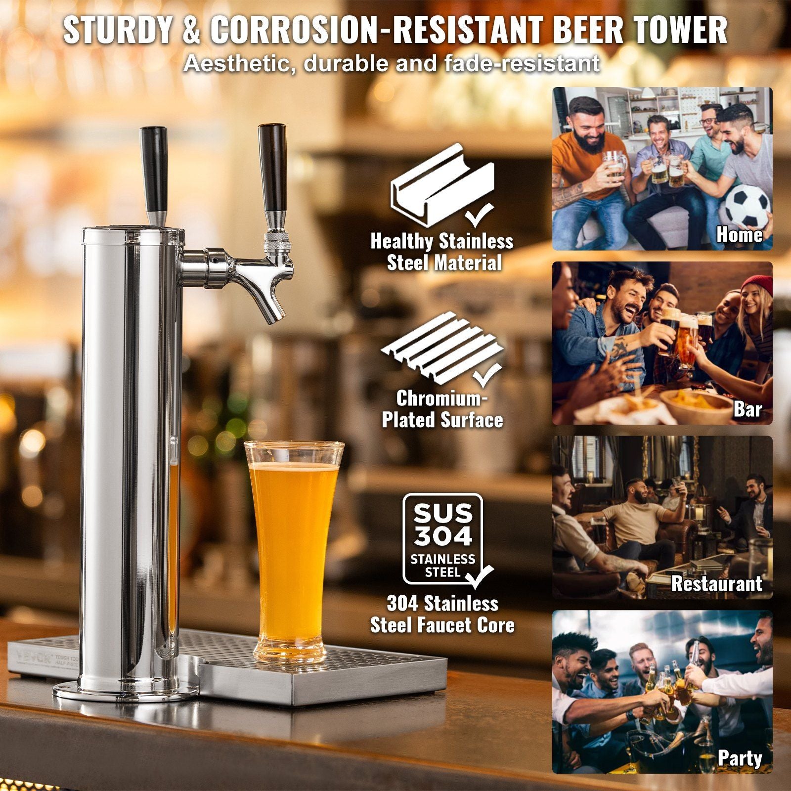 Dual Taps Draft Beer Tower Dispenser, Stainless Steel Keg Beer Tower, Kegerator Tower Kit with Pre-Assembled V952-LTJZSLTW0000I1H18V0