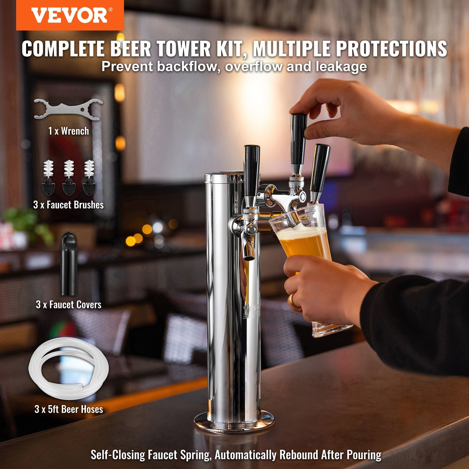 Triple Taps Draft Beer Tower Dispenser, Stainless Steel Keg Beer Tower, Kegerator Tower Kit with V952-LTJZSLTW0000YSVLCV0