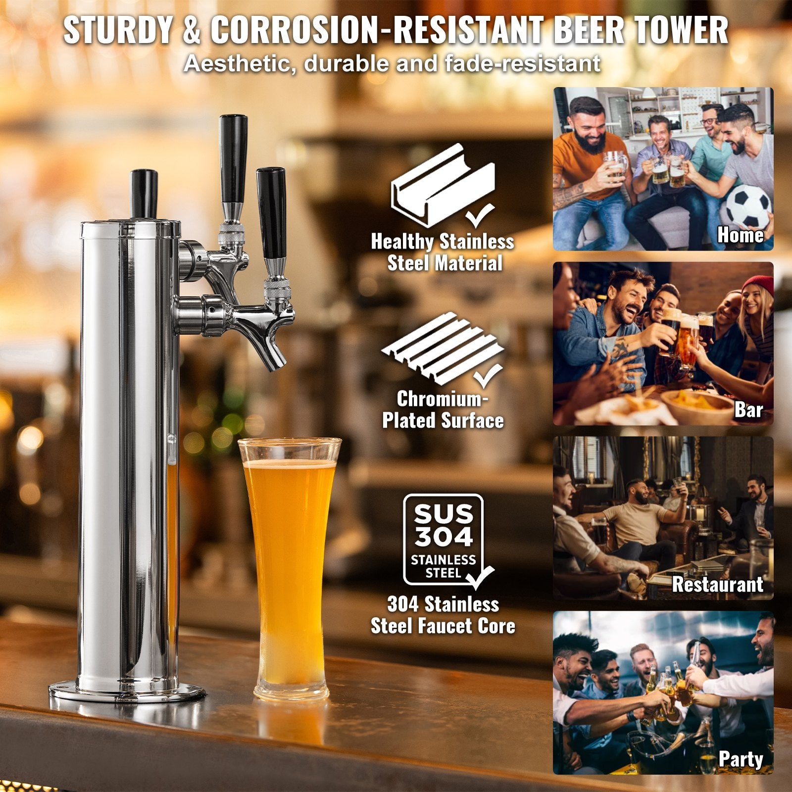 Triple Taps Draft Beer Tower Dispenser, Stainless Steel Keg Beer Tower, Kegerator Tower Kit with V952-LTJZSLTW0000YSVLCV0