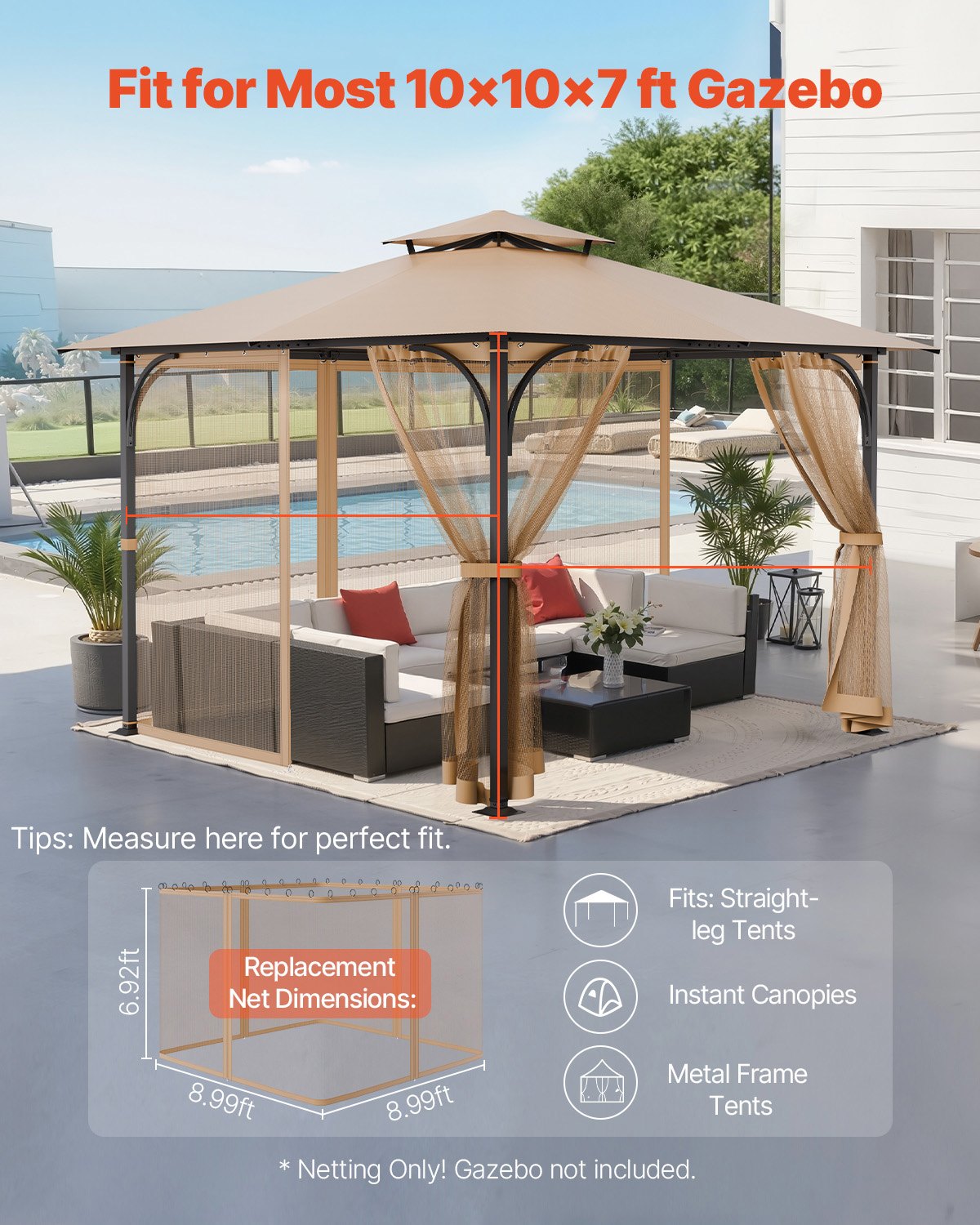 Gazebo Netting Replacement, Fit Most 10 x 10 x 7 FT Gazebo Curtain, Outdoor Garden Net, 4-Panel Sidewall Mesh V952-LTWZDL10FT10VJ6F0V0