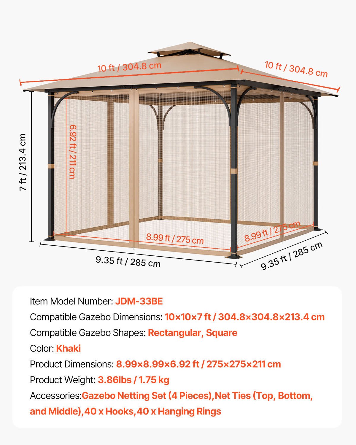 Gazebo Netting Replacement, Fit Most 10 x 10 x 7 FT Gazebo Curtain, Outdoor Garden Net, 4-Panel Sidewall Mesh V952-LTWZDL10FT10VJ6F0V0