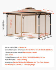 Gazebo Netting Replacement, Fit Most 10 x 12 x 7.3 FT Gazebo, Outdoor Garden Gazebo Net, 4-Panel Sidewall V952-LTWZDL10FT12CIV6IV0