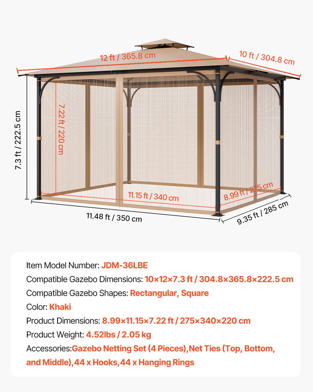 Gazebo Netting Replacement, Fit Most 10 x 12 x 7.3 FT Gazebo, Outdoor Garden Gazebo Net, 4-Panel Sidewall V952-LTWZDL10FT12CIV6IV0