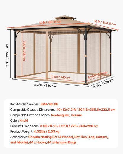 Gazebo Netting Replacement, Fit Most 10 x 12 x 7.3 FT Gazebo, Outdoor Garden Gazebo Net, 4-Panel Sidewall V952-LTWZDL10FT12CIV6IV0