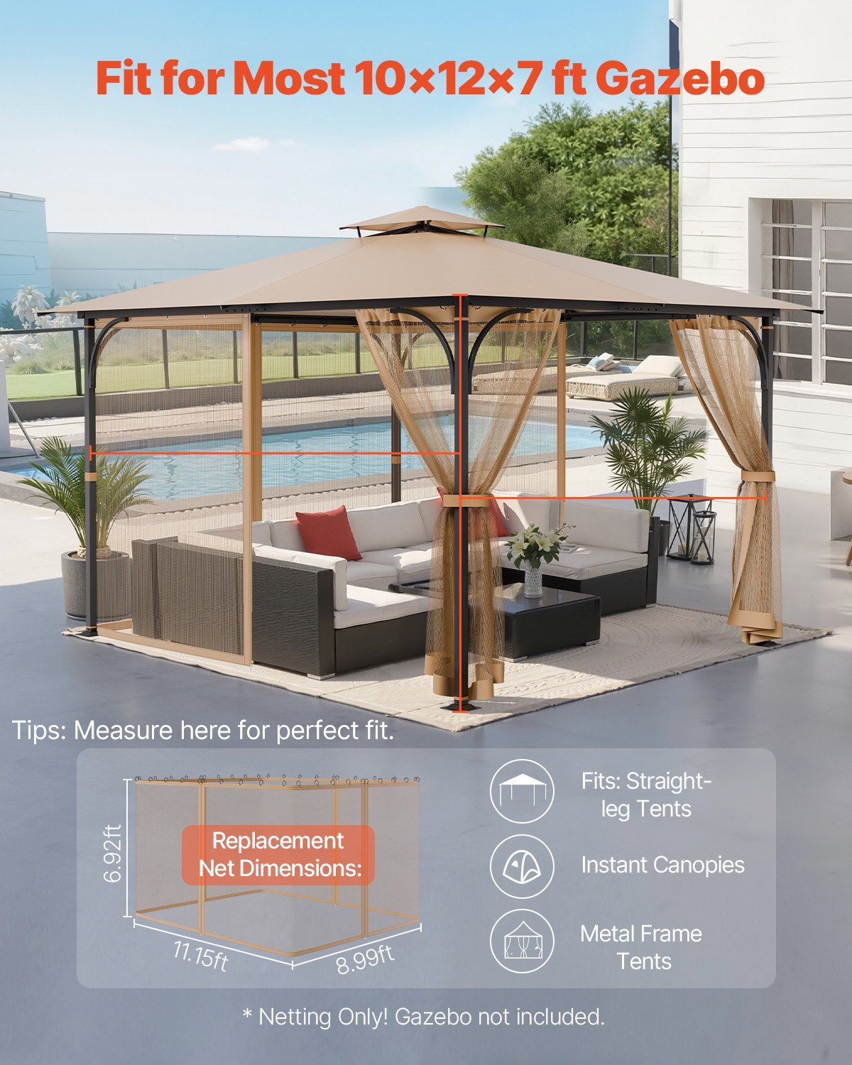 Gazebo Netting Replacement, Fit Most 10 x 12 x 7 FT Gazebo Curtain, Outdoor Garden Net, 4-Panel Sidewall Mesh V952-LTWZDL10FT12PTRC2V0