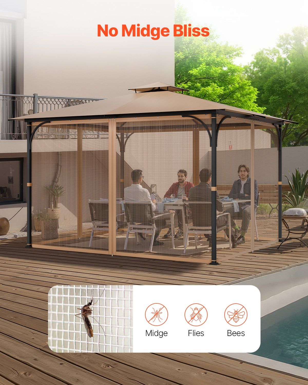 Gazebo Netting Replacement, Fit Most 10 x 12 x 7 FT Gazebo Curtain, Outdoor Garden Net, 4-Panel Sidewall Mesh V952-LTWZDL10FT12PTRC2V0
