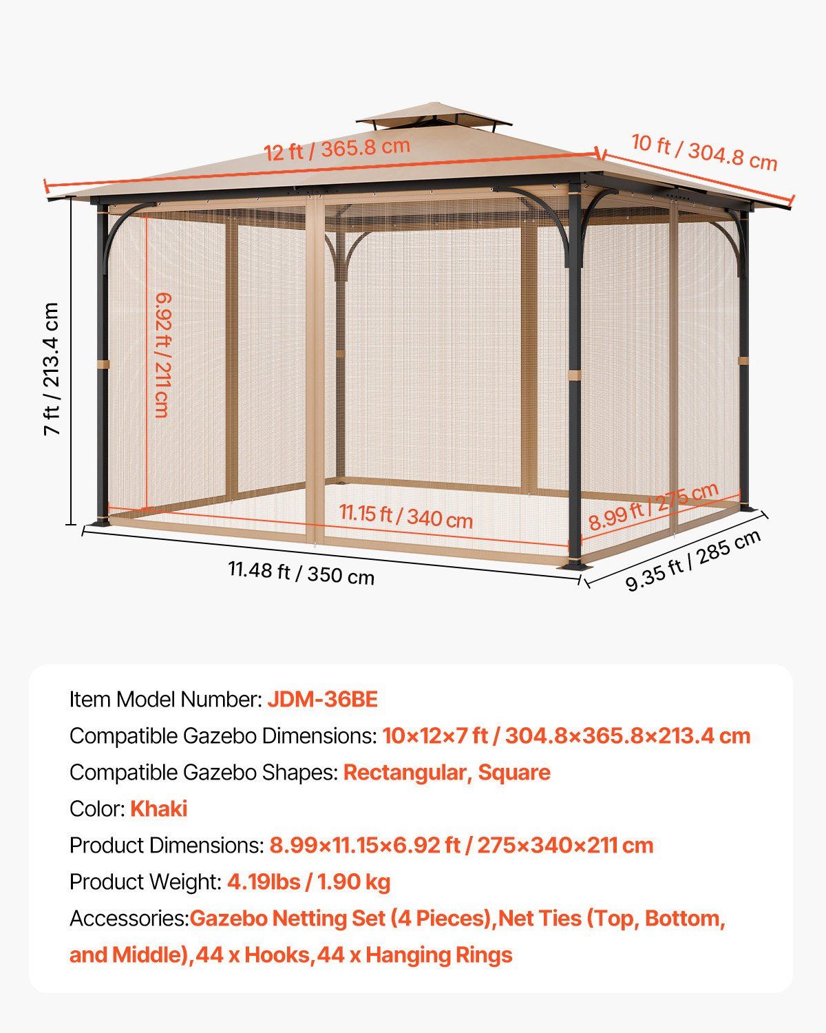 Gazebo Netting Replacement, Fit Most 10 x 12 x 7 FT Gazebo Curtain, Outdoor Garden Net, 4-Panel Sidewall Mesh V952-LTWZDL10FT12PTRC2V0