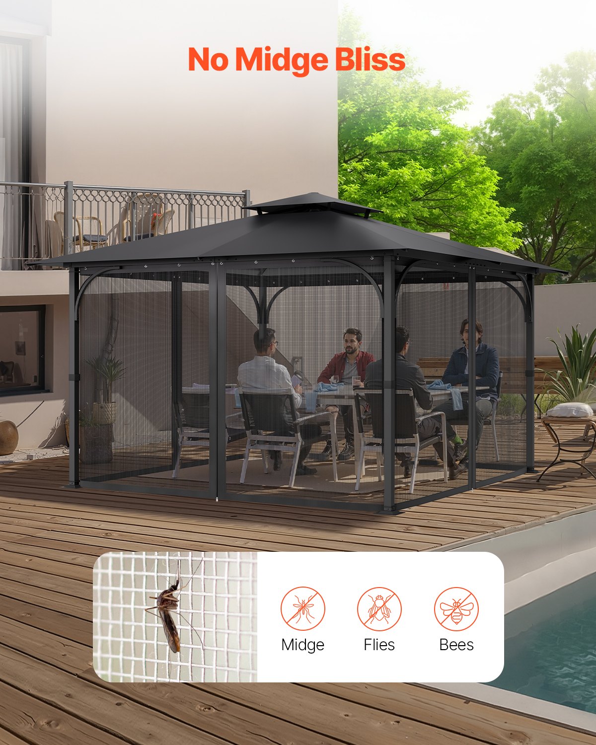 Gazebo Netting Replacement, Fit Most 12 x 12 x 7.5 FT Gazebo Curtain, Outdoor Garden Net, 4-Panel Sidewall V952-LTWZDL12FT12G6AC0V0