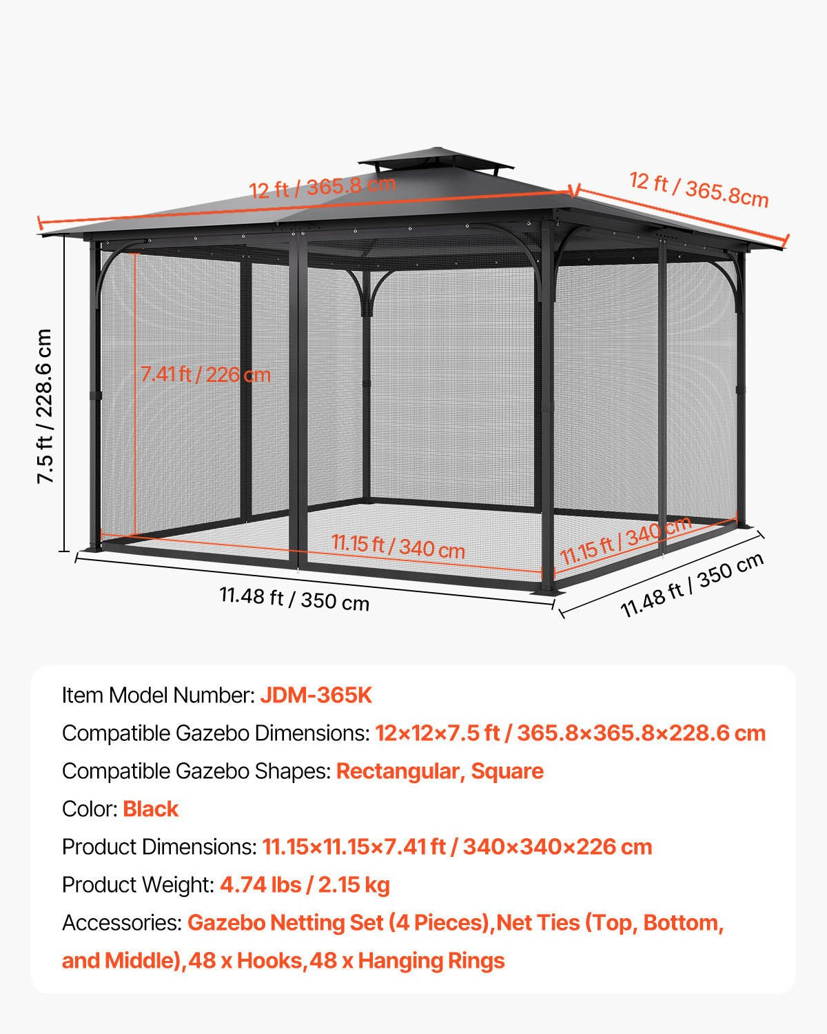 Gazebo Netting Replacement, Fit Most 12 x 12 x 7.5 FT Gazebo Curtain, Outdoor Garden Net, 4-Panel Sidewall V952-LTWZDL12FT12G6AC0V0
