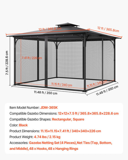 Gazebo Netting Replacement, Fit Most 12 x 12 x 7.5 FT Gazebo Curtain, Outdoor Garden Net, 4-Panel Sidewall V952-LTWZDL12FT12G6AC0V0