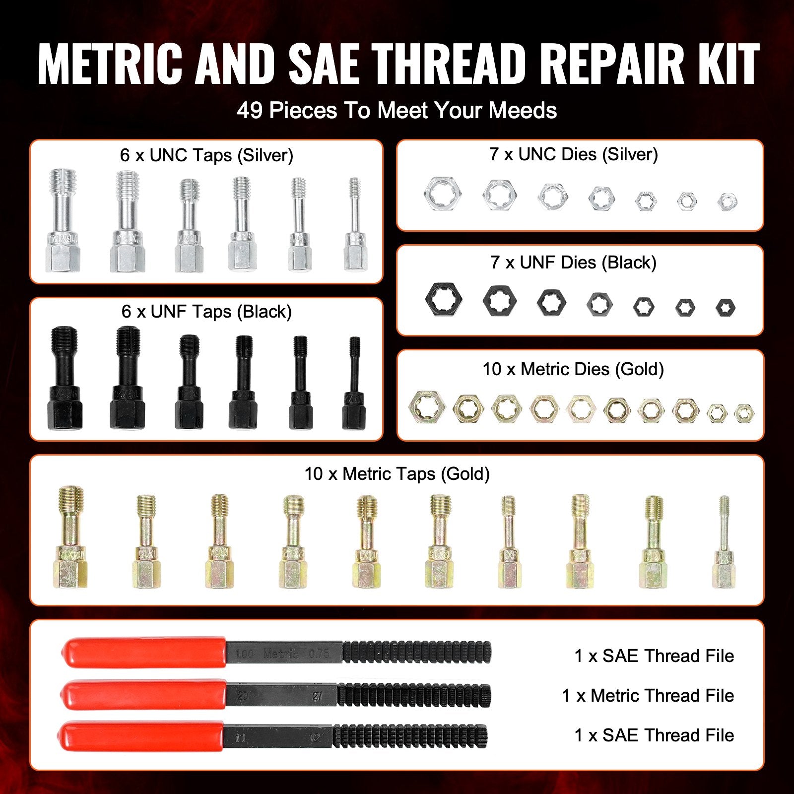 49-Piece Thread Chaser Set, UNC UNF and Metric Thread Restorer Tool, Rethreading Tool Kit with 22 Taps 24 V952-LWCXTZGYZ49PKBLRIV0