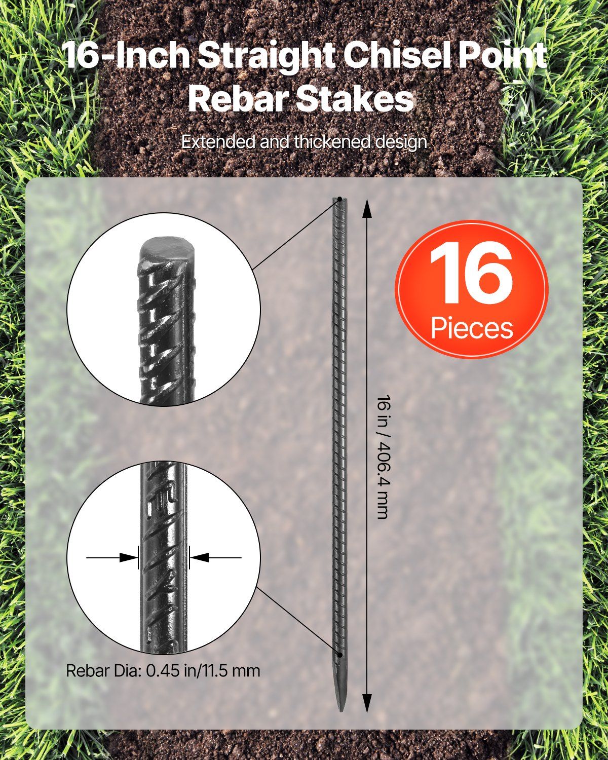 Rebar Stakes, 406.4 mm, Heavy-Duty 11.5 mm Diameter, Straight Galvanized Steel Ground Anchors with Chisel V952-LWDDIJ16YC12WII5A001V0