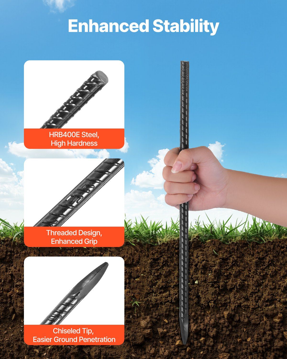 Rebar Stakes, 406.4 mm, Heavy-Duty 11.5 mm Diameter, Straight Galvanized Steel Ground Anchors with Chisel V952-LWDDIJ16YC12WII5A001V0