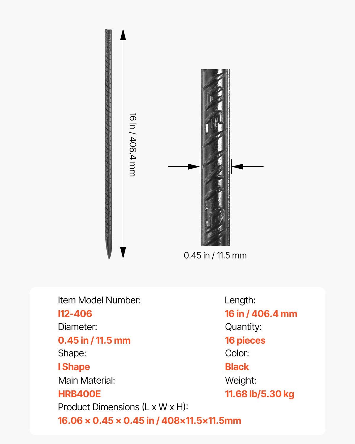 Rebar Stakes, 406.4 mm, Heavy-Duty 11.5 mm Diameter, Straight Galvanized Steel Ground Anchors with Chisel V952-LWDDIJ16YC12WII5A001V0