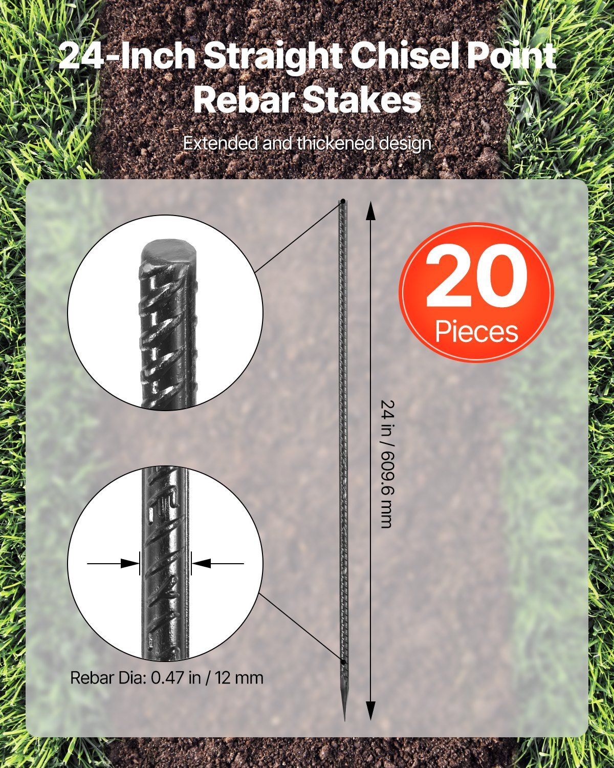 Rebar Stakes, 609.6 mm, Heavy-Duty 12 mm Diameter, Straight Galvanized Steel Ground Anchors with Chisel Point V952-LWDDIJ24YC12MNNC0001V0