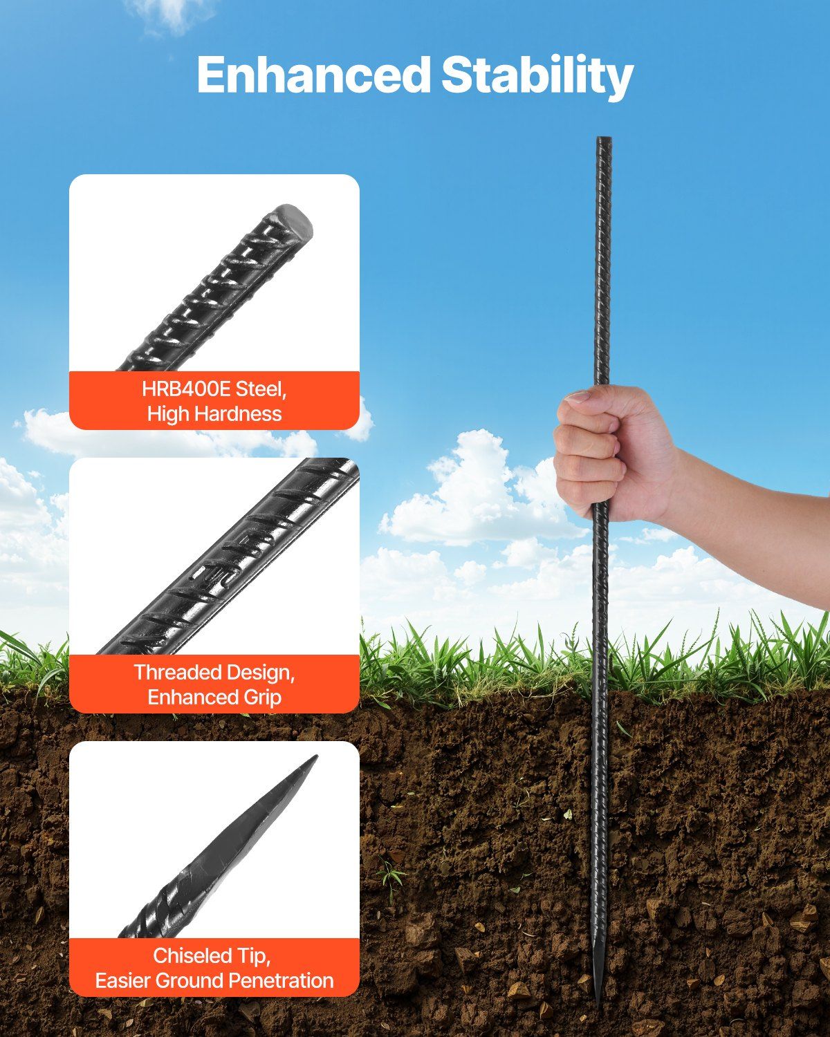 Rebar Stakes, 609.6 mm, Heavy-Duty 12 mm Diameter, Straight Galvanized Steel Ground Anchors with Chisel Point V952-LWDDIJ24YC12MNNC0001V0