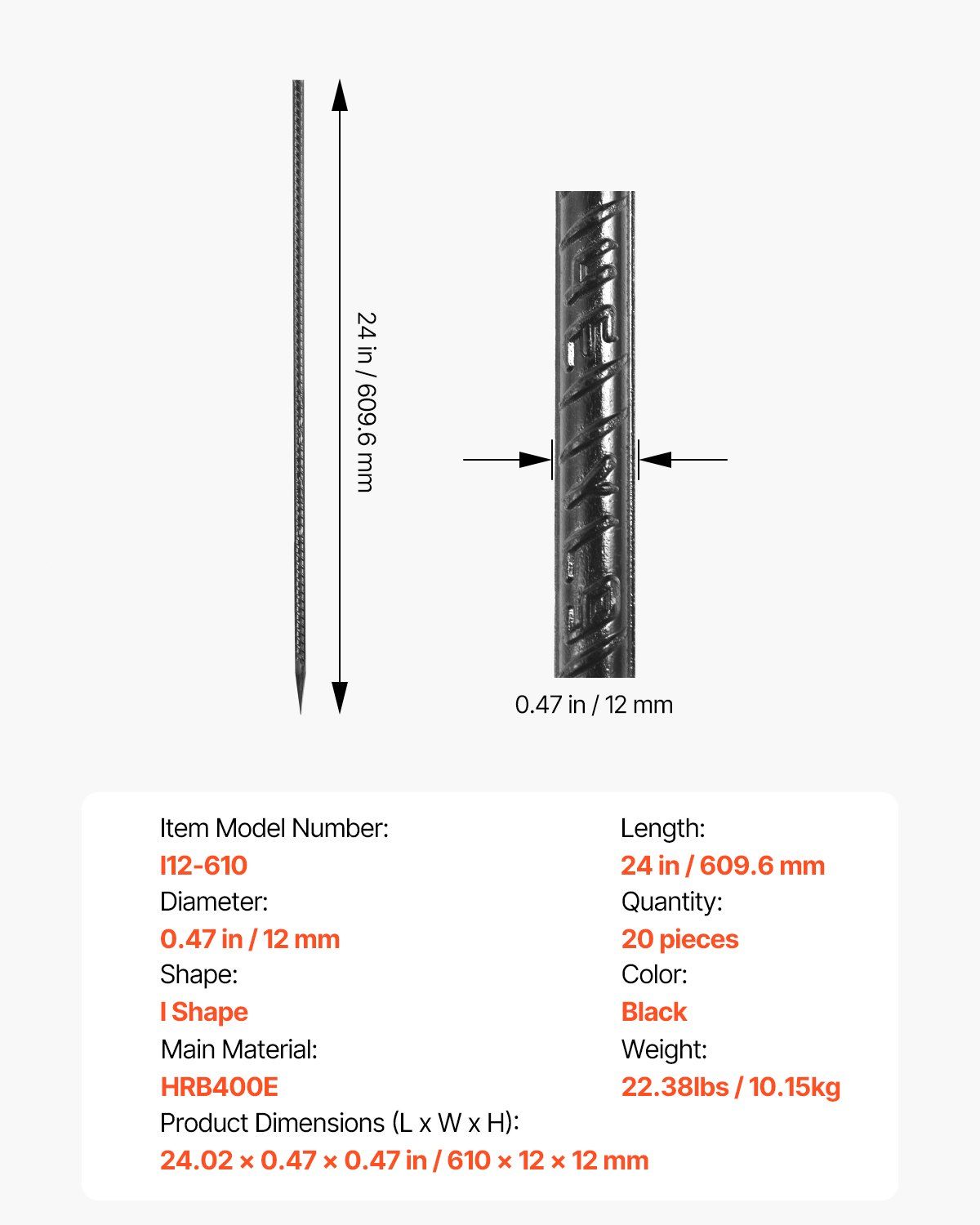 Rebar Stakes, 609.6 mm, Heavy-Duty 12 mm Diameter, Straight Galvanized Steel Ground Anchors with Chisel Point V952-LWDDIJ24YC12MNNC0001V0