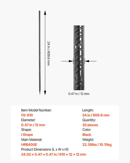 Rebar Stakes, 609.6 mm, Heavy-Duty 12 mm Diameter, Straight Galvanized Steel Ground Anchors with Chisel Point V952-LWDDIJ24YC12MNNC0001V0