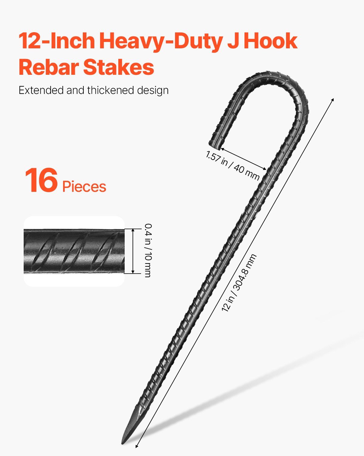 Rebar Stakes, 304.8 mm, Heavy-Duty 10 mm Diameter J Hook, Galvanized Steel Ground Anchors with Chisel Point V952-LWDDJG12YC10BGDOH001V0
