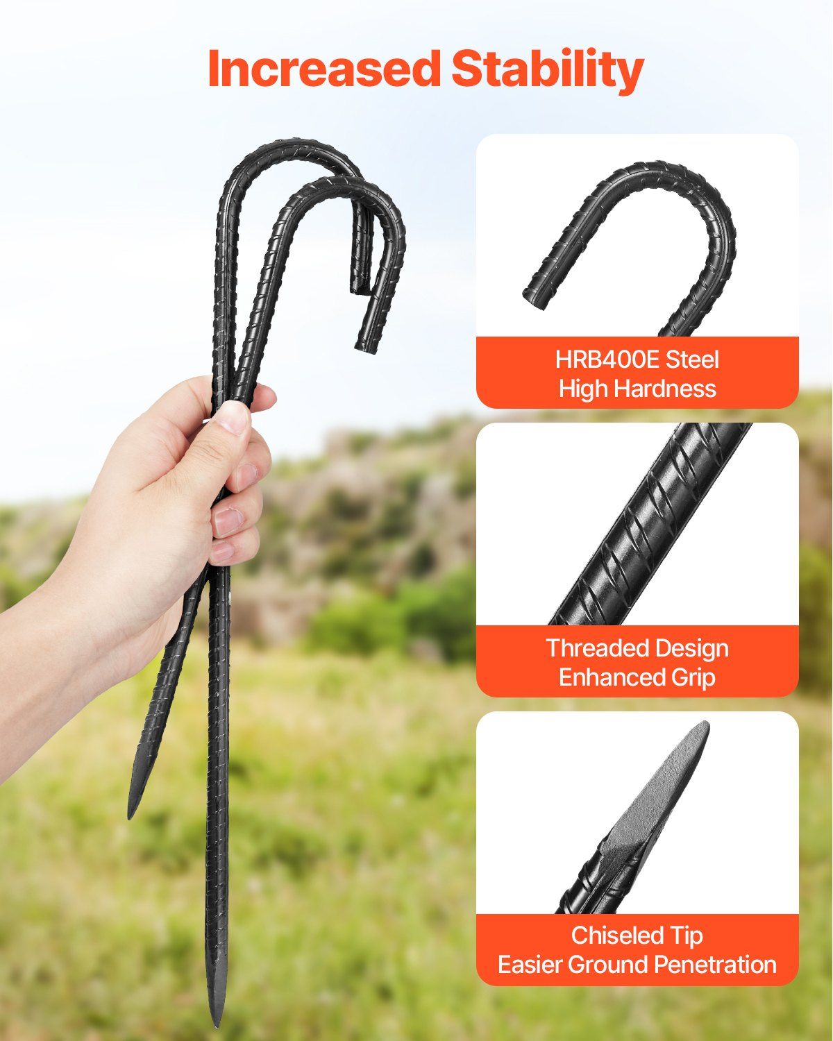 Rebar Stakes, 304.8 mm, Heavy-Duty 10 mm Diameter J Hook, Galvanized Steel Ground Anchors with Chisel Point V952-LWDDJG12YC10BGDOH001V0