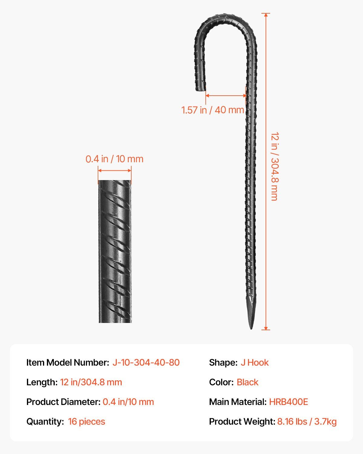 Rebar Stakes, 304.8 mm, Heavy-Duty 10 mm Diameter J Hook, Galvanized Steel Ground Anchors with Chisel Point V952-LWDDJG12YC10BGDOH001V0