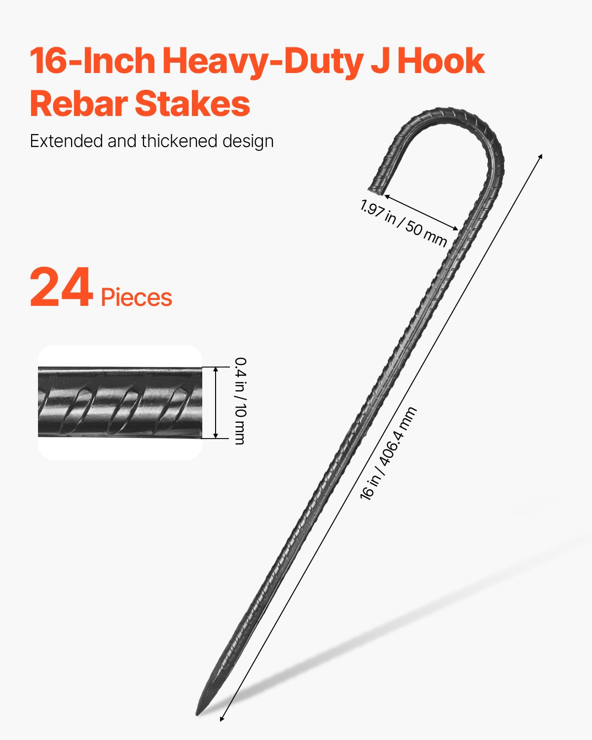 Rebar Stakes, 406.4 mm, Heavy-Duty 10 mm Diameter J Hook, Galvanized Steel Ground Anchors with Chisel Point V952-LWDDJG16YC10U07F7001V0