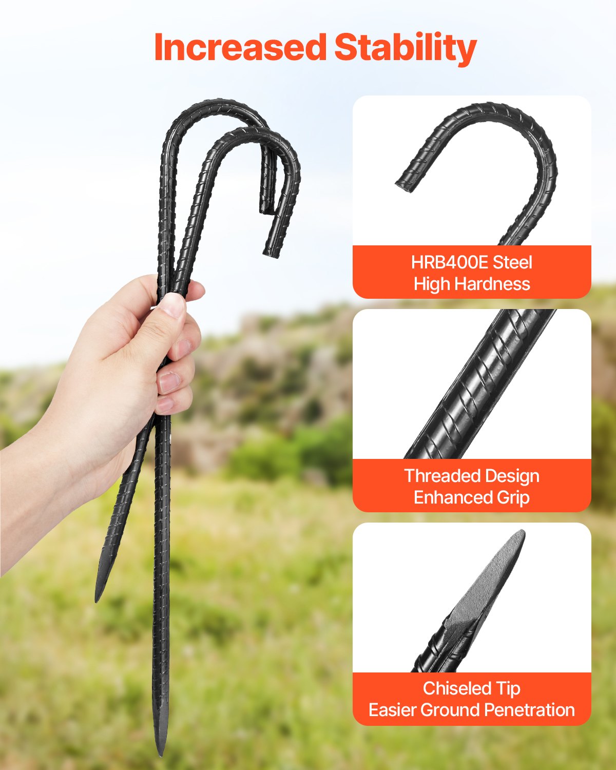 Rebar Stakes, 406.4 mm, Heavy-Duty 10 mm Diameter J Hook, Galvanized Steel Ground Anchors with Chisel Point V952-LWDDJG16YC10U07F7001V0