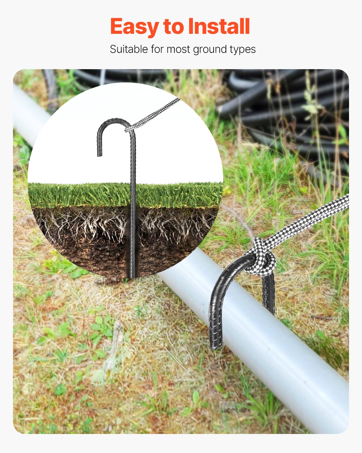 Rebar Stakes, 406.4 mm, Heavy-Duty 10 mm Diameter J Hook, Galvanized Steel Ground Anchors with Chisel Point V952-LWDDJG16YC10U07F7001V0