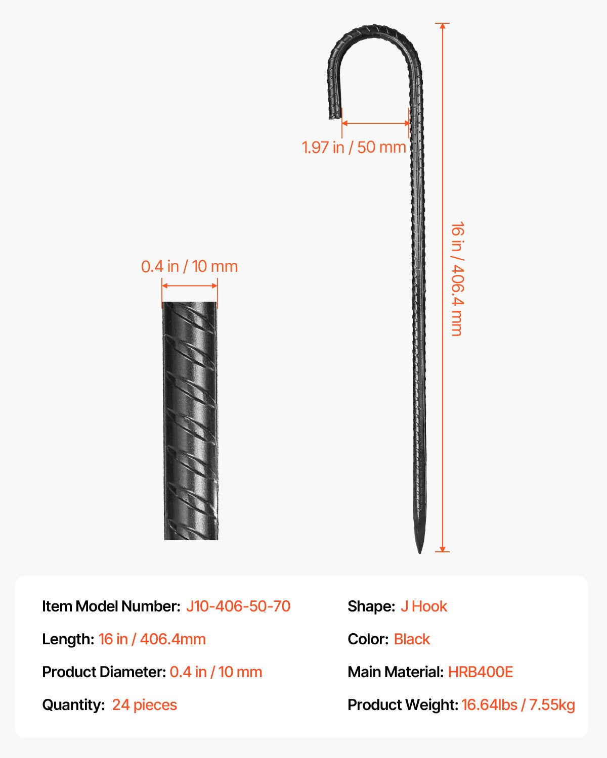 Rebar Stakes, 406.4 mm, Heavy-Duty 10 mm Diameter J Hook, Galvanized Steel Ground Anchors with Chisel Point V952-LWDDJG16YC10U07F7001V0