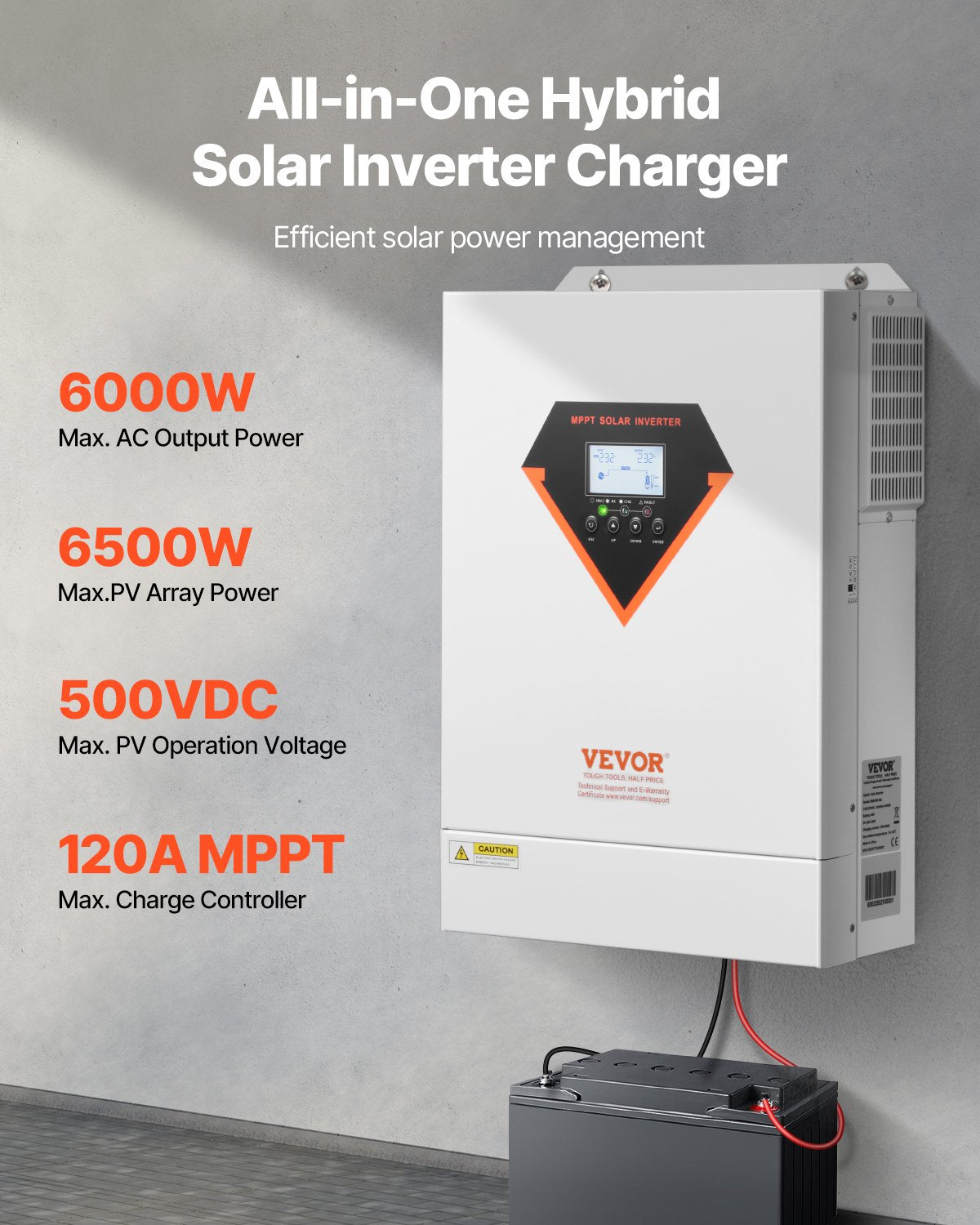 Hybrid Solar Inverter, 6000W, All in One Pure Sine Wave Power Inverter Charger, 220V AC, with Built-in 120A V952-LWGPNKYTJ23038TOPV7