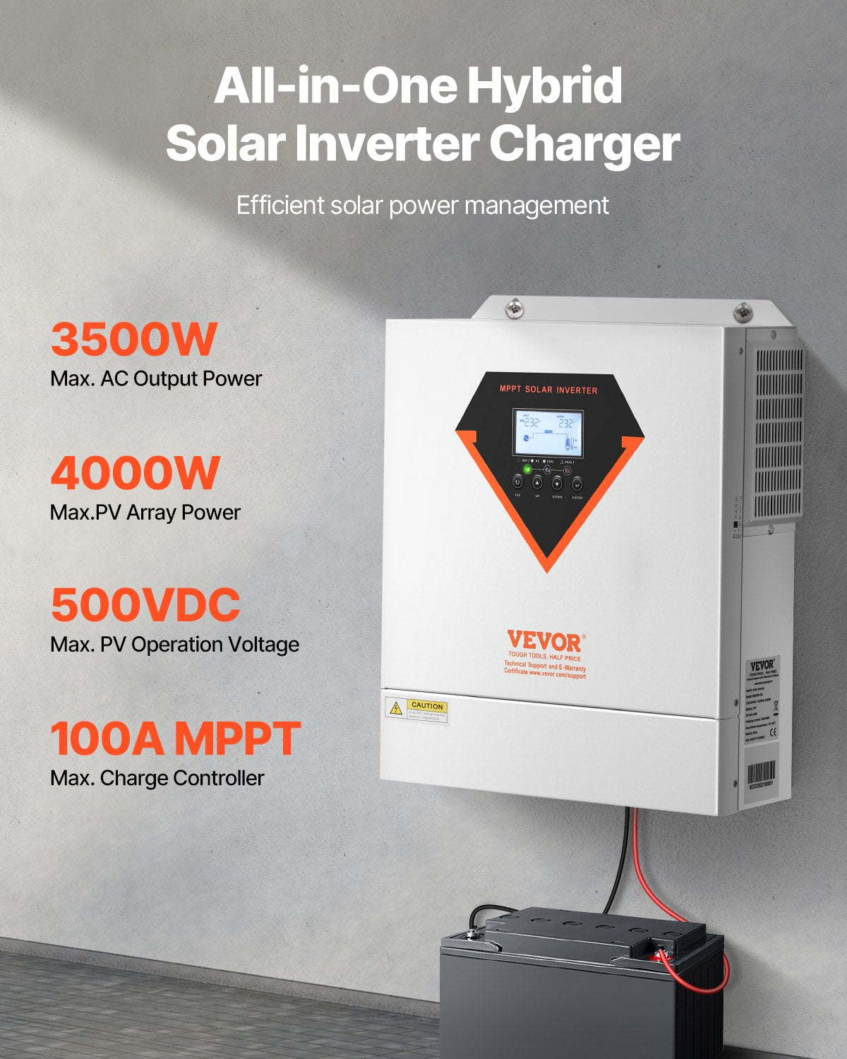 Hybrid Solar Inverter, 3500W, All in One Pure Sine Wave Power Inverter Charger, 220V AC, with Built-in 100A V952-LWGPNKYTJ230DIY24V7