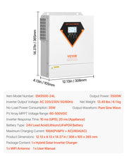 Hybrid Solar Inverter, 3500W, All in One Pure Sine Wave Power Inverter Charger, 220V AC, with Built-in 100A V952-LWGPNKYTJ230DIY24V7