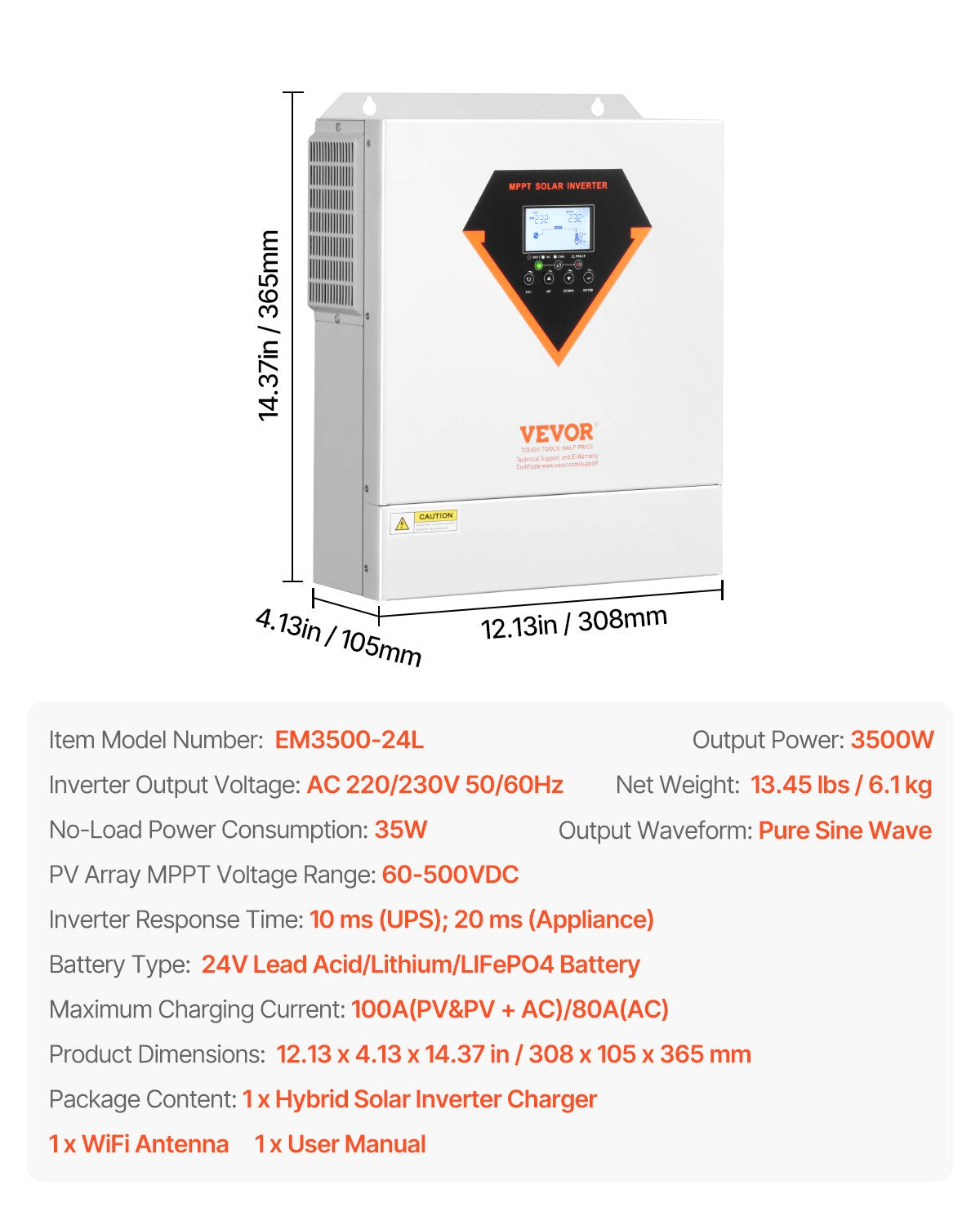 Hybrid Solar Inverter, 3500W, All in One Pure Sine Wave Power Inverter Charger, 220V AC, with Built-in 100A V952-LWGPNKYTJ230DIY24V7
