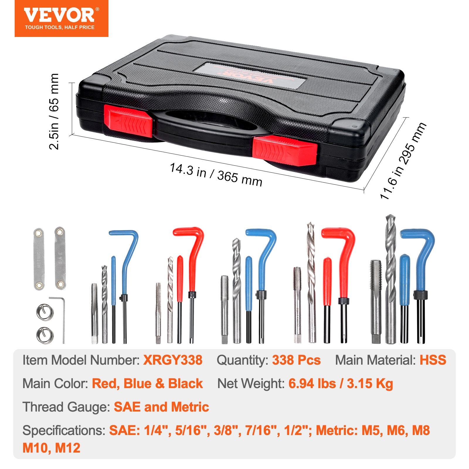 Helicoil Thread Repair Kit, 338-Piece SAE and Metric Rethreading Tool Kit, M5, M6, M8, M10, M12, 1/4", 5/16", V952-LWXLBGYZ338P3OJ45V0