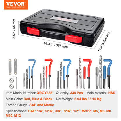 Helicoil Thread Repair Kit, 338-Piece SAE and Metric Rethreading Tool Kit, M5, M6, M8, M10, M12, 1/4", 5/16", V952-LWXLBGYZ338P3OJ45V0