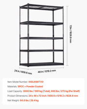 Storage Shelves, 1361 kg, 5 Tier Heavy Duty Garage Shelving, 609.6 x 1219.2 x 1828.8 mm Adjustable Metal V952-LXLZLKHJ2448JA98TV0