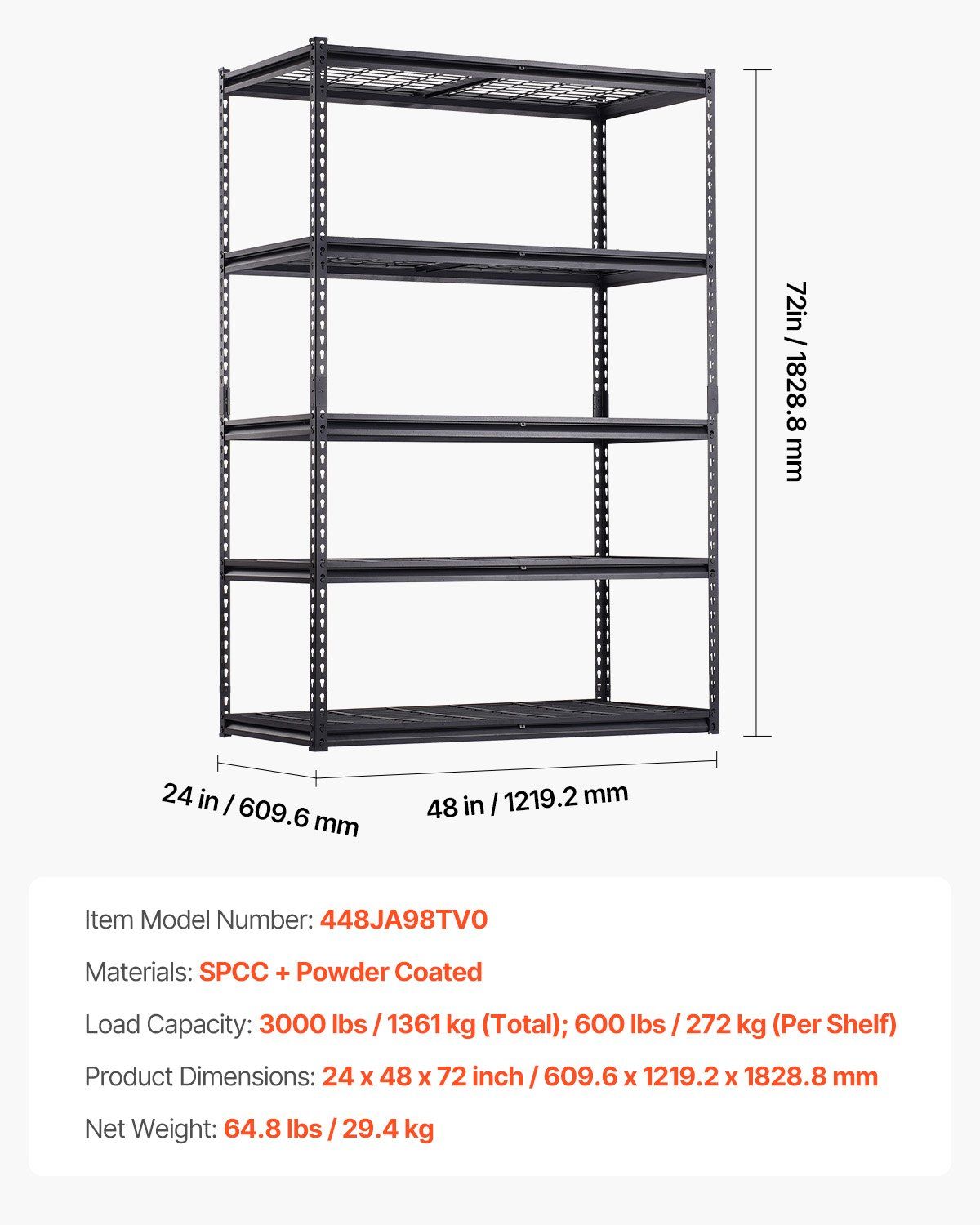Storage Shelves, 1361 kg, 5 Tier Heavy Duty Garage Shelving, 609.6 x 1219.2 x 1828.8 mm Adjustable Metal V952-LXLZLKHJ2448JA98TV0