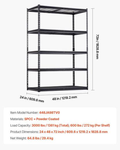 Storage Shelves, 1361 kg, 5 Tier Heavy Duty Garage Shelving, 609.6 x 1219.2 x 1828.8 mm Adjustable Metal V952-LXLZLKHJ2448JA98TV0