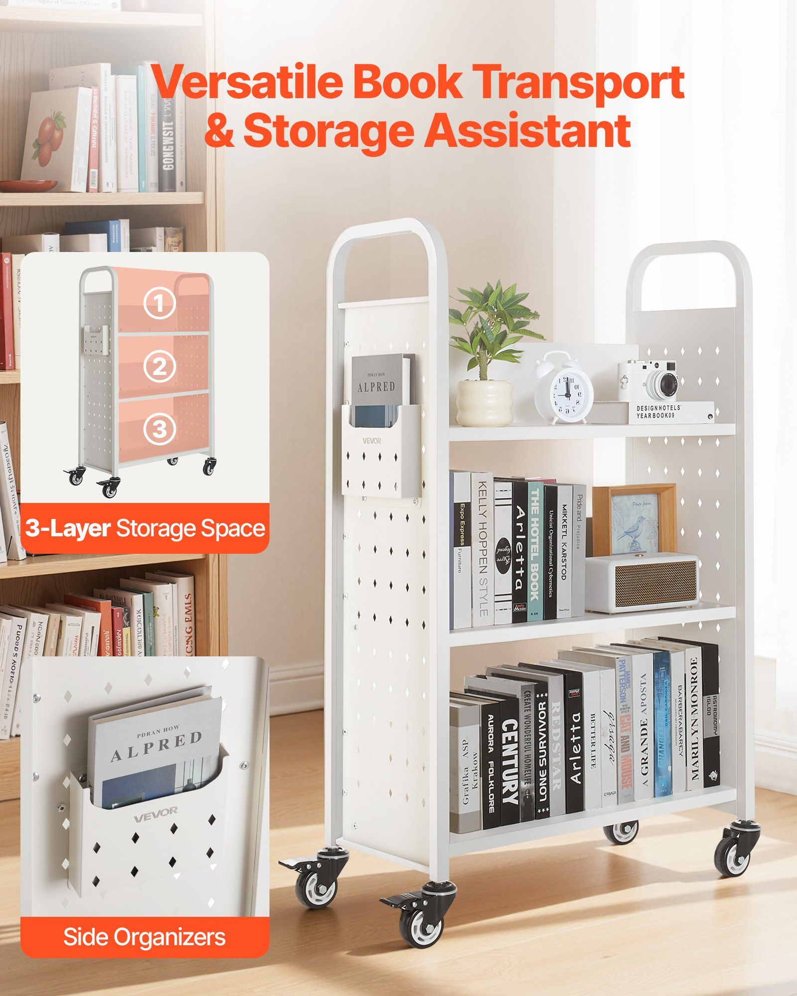 Rolling Library Book Cart, 150 kg Capacity, 77 x 38 x 122 cm Library Cart, Single Sided L-Shaped Shelves with V952-LXTSGTCBS330DZLNM001V0