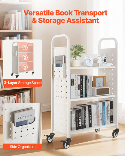 Rolling Library Book Cart, 150 kg Capacity, 77 x 38 x 122 cm Library Cart, Single Sided L-Shaped Shelves with V952-LXTSGTCBS330DZLNM001V0