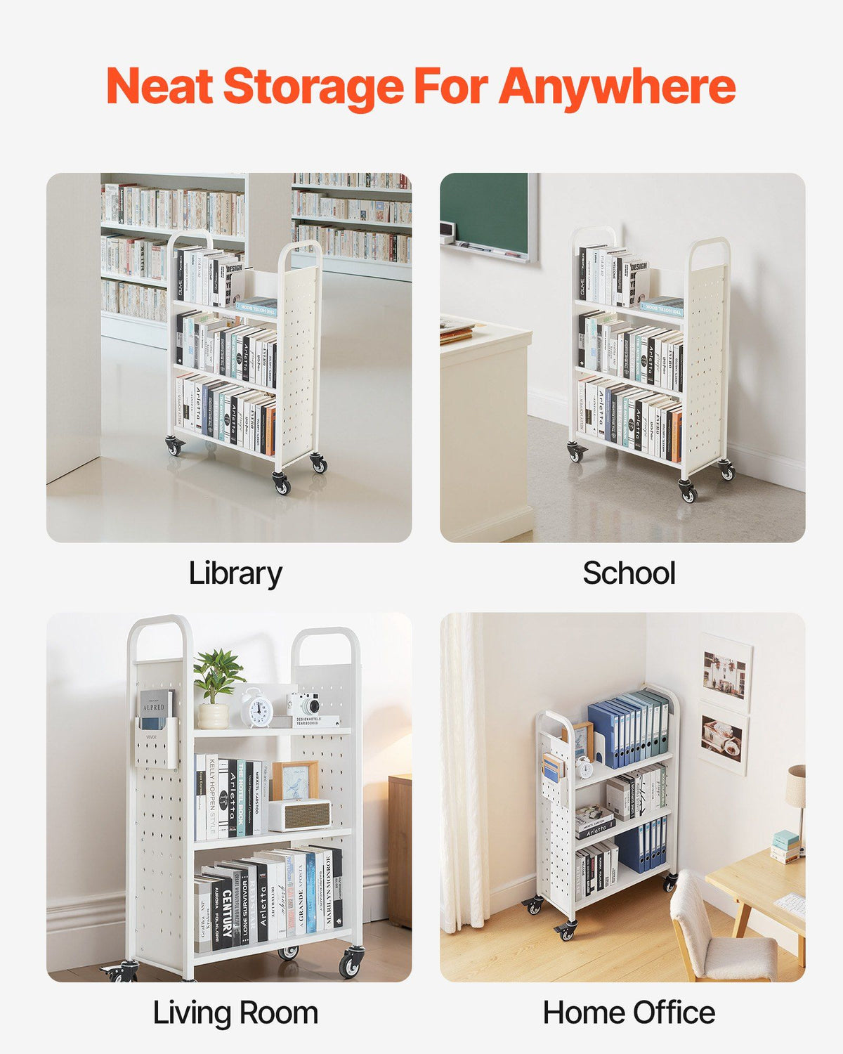 Rolling Library Book Cart, 150 kg Capacity, 77 x 38 x 122 cm Library Cart, Single Sided L-Shaped Shelves with V952-LXTSGTCBS330DZLNM001V0