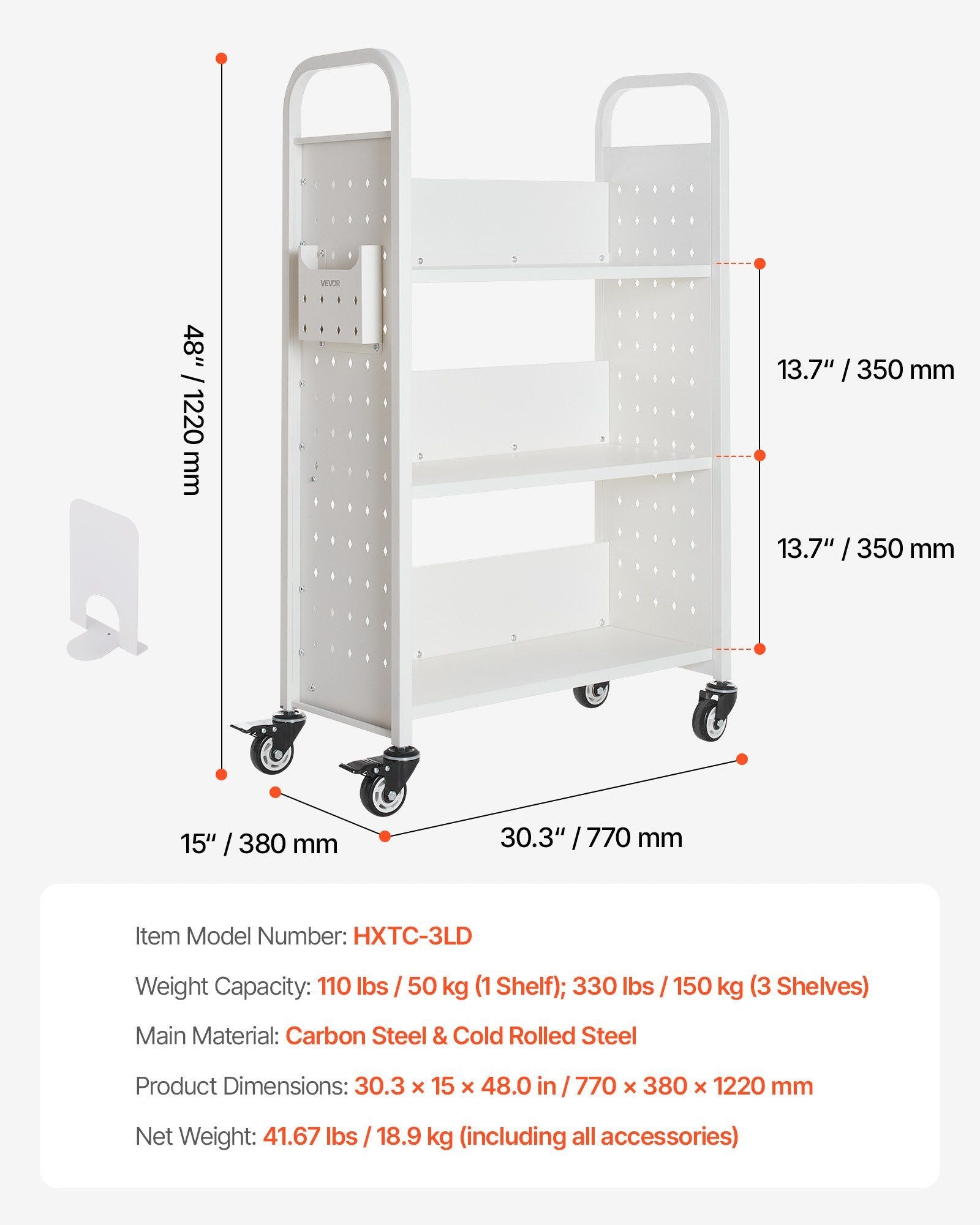 Rolling Library Book Cart, 150 kg Capacity, 77 x 38 x 122 cm Library Cart, Single Sided L-Shaped Shelves with V952-LXTSGTCBS330DZLNM001V0