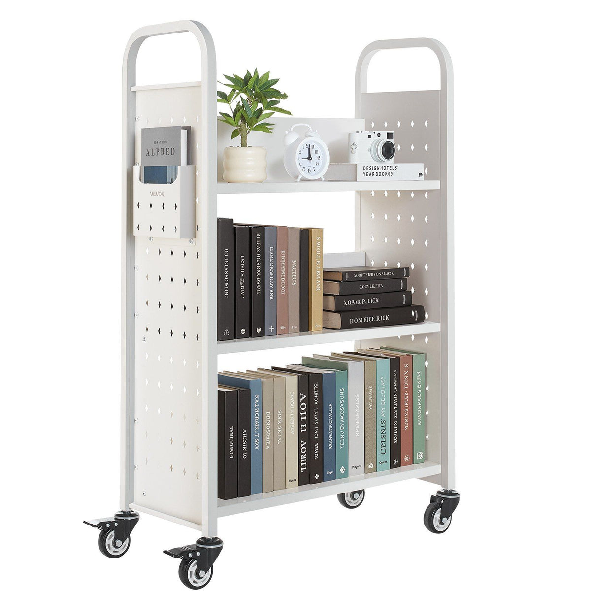 Rolling Library Book Cart, 150 kg Capacity, 77 x 38 x 122 cm Library Cart, Single Sided L-Shaped Shelves with V952-LXTSGTCBS330DZLNM001V0