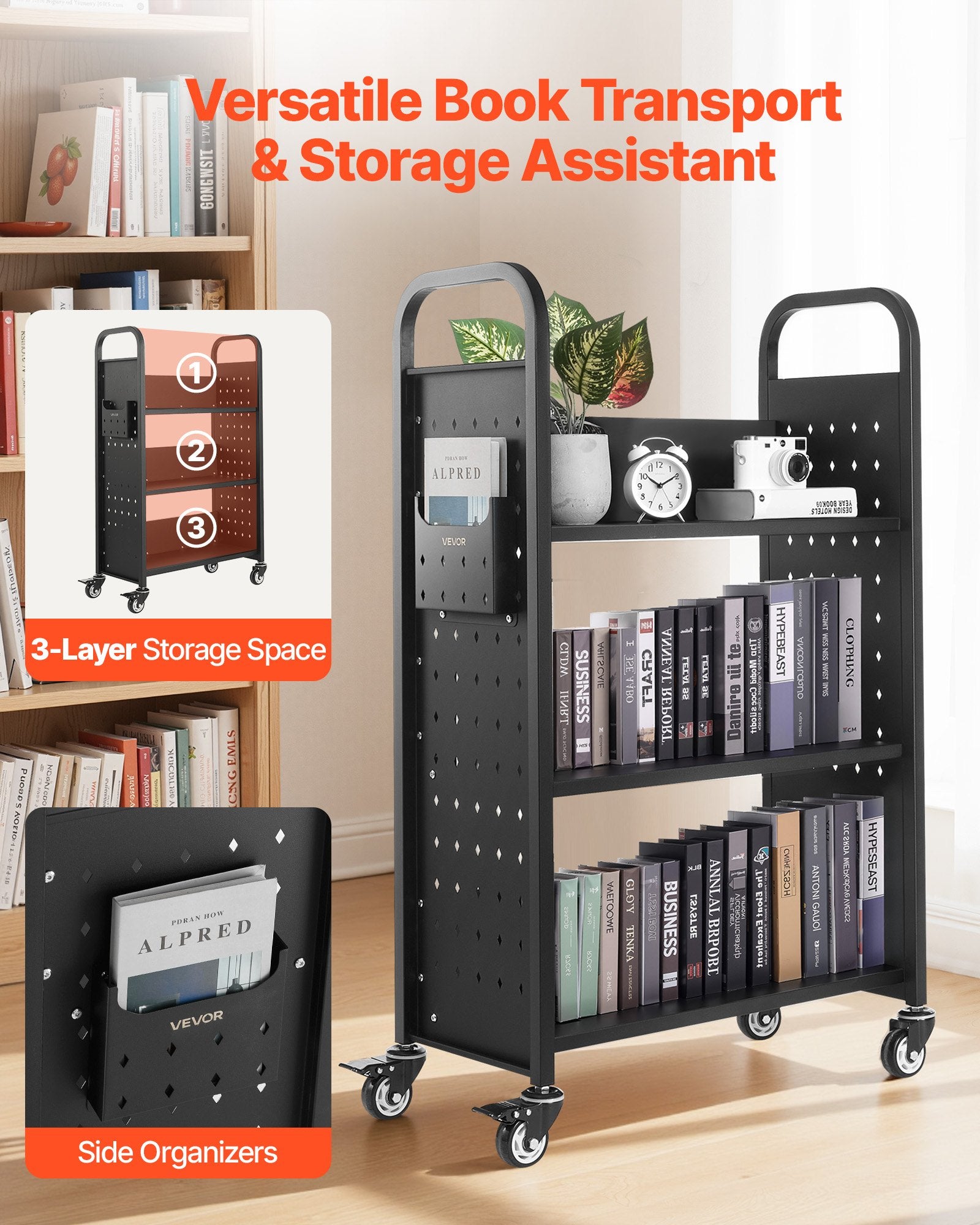 Rolling Library Book Cart, 150 kg Capacity, 77 x 38 x 122 cm Library Cart, Single Sided L-Shaped Shelves with V952-LXTSGTCHS330DC6LE001V0