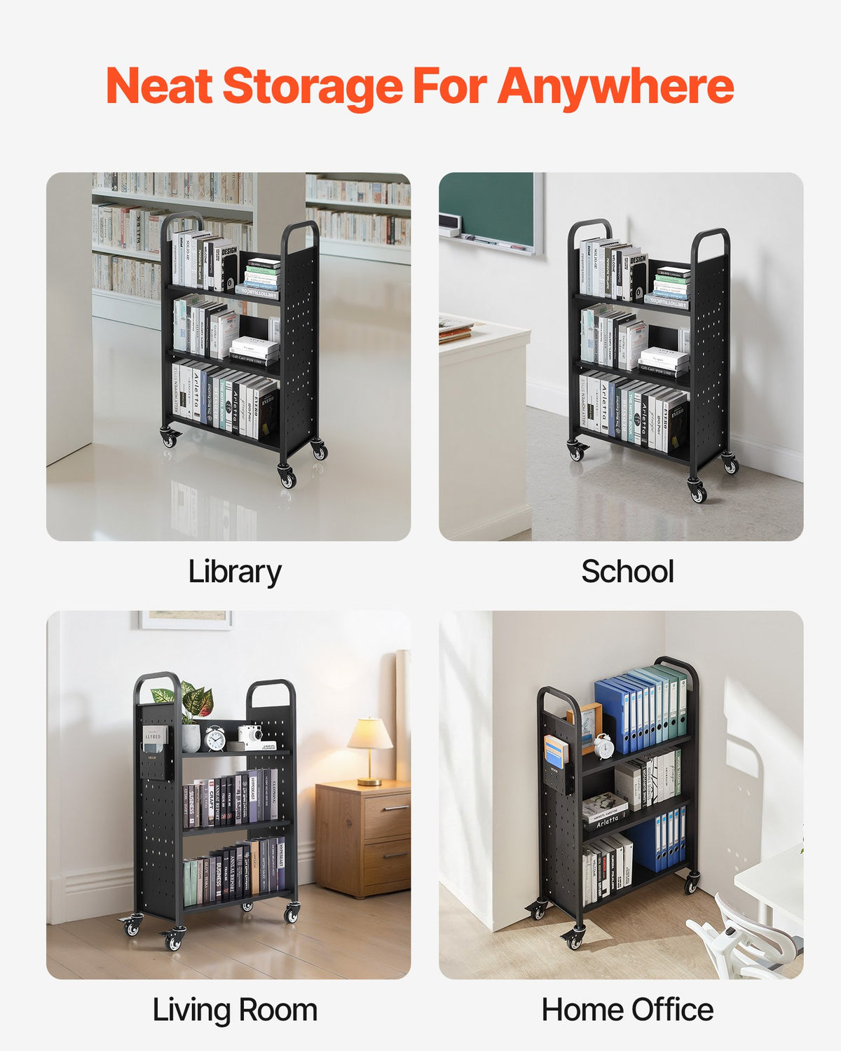 Rolling Library Book Cart, 150 kg Capacity, 77 x 38 x 122 cm Library Cart, Single Sided L-Shaped Shelves with V952-LXTSGTCHS330DC6LE001V0